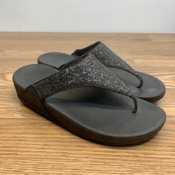 FitFlop Lulu Metallic Black Glitterball Toe-Post Sandal Womens Sz 8.5 Flip Flop - Picture 1 of 11
